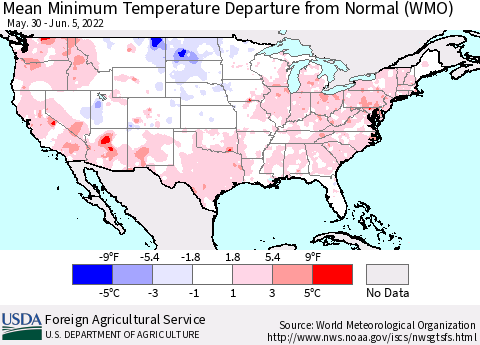 United States Minimum Temperature Departure From Normal (WMO) Thematic Map For 5/30/2022 - 6/5/2022