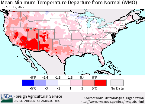 United States Mean Minimum Temperature Departure from Normal (WMO) Thematic Map For 6/6/2022 - 6/12/2022
