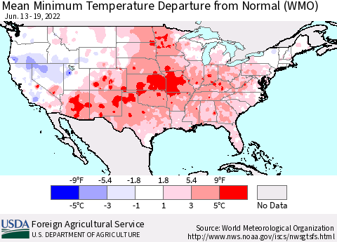 United States Mean Minimum Temperature Departure from Normal (WMO) Thematic Map For 6/13/2022 - 6/19/2022