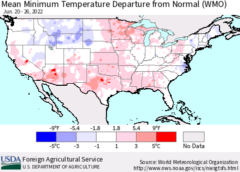 United States Mean Minimum Temperature Departure from Normal (WMO) Thematic Map For 6/20/2022 - 6/26/2022