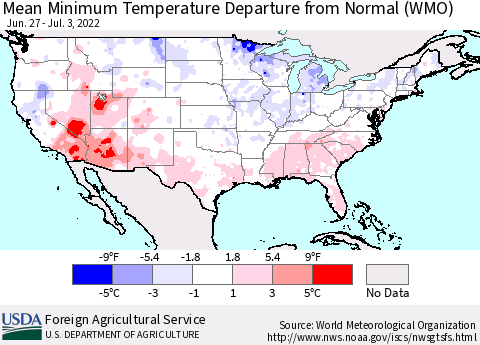 United States Mean Minimum Temperature Departure from Normal (WMO) Thematic Map For 6/27/2022 - 7/3/2022