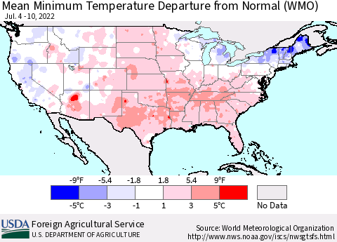 United States Mean Minimum Temperature Departure from Normal (WMO) Thematic Map For 7/4/2022 - 7/10/2022