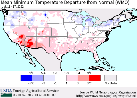 United States Mean Minimum Temperature Departure from Normal (WMO) Thematic Map For 7/11/2022 - 7/17/2022