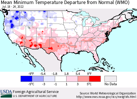 United States Minimum Temperature Departure From Normal (WMO) Thematic Map For 7/18/2022 - 7/24/2022