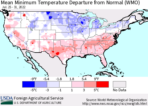 United States Mean Minimum Temperature Departure from Normal (WMO) Thematic Map For 7/25/2022 - 7/31/2022