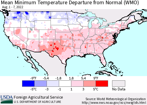 United States Minimum Temperature Departure From Normal (WMO) Thematic Map For 8/1/2022 - 8/7/2022