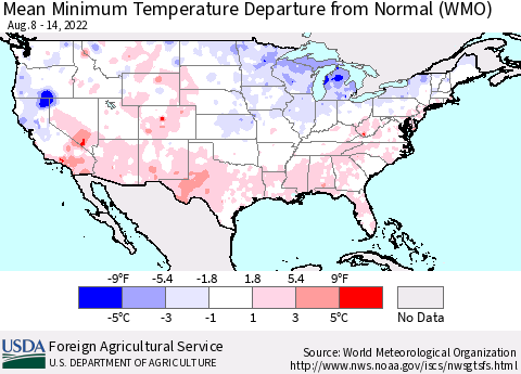 United States Minimum Temperature Departure From Normal (WMO) Thematic Map For 8/8/2022 - 8/14/2022