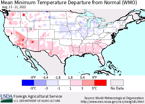 United States Minimum Temperature Departure From Normal (WMO) Thematic Map For 8/15/2022 - 8/21/2022