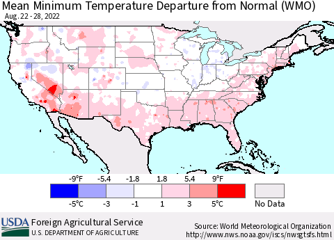 United States Mean Minimum Temperature Departure from Normal (WMO) Thematic Map For 8/22/2022 - 8/28/2022