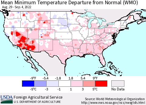 United States Mean Minimum Temperature Departure from Normal (WMO) Thematic Map For 8/29/2022 - 9/4/2022