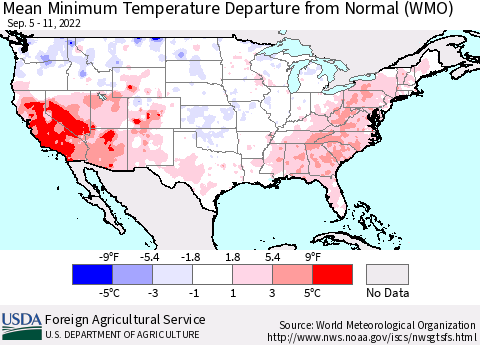 United States Minimum Temperature Departure From Normal (WMO) Thematic Map For 9/5/2022 - 9/11/2022