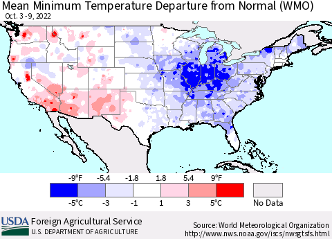 United States Mean Minimum Temperature Departure from Normal (WMO) Thematic Map For 10/3/2022 - 10/9/2022