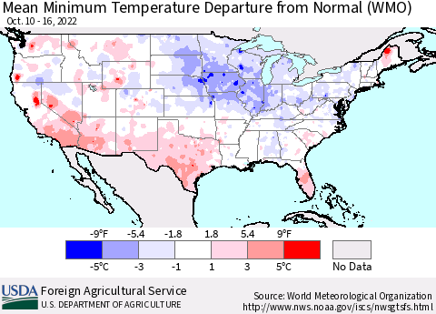 United States Mean Minimum Temperature Departure from Normal (WMO) Thematic Map For 10/10/2022 - 10/16/2022