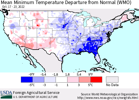 United States Mean Minimum Temperature Departure from Normal (WMO) Thematic Map For 10/17/2022 - 10/23/2022