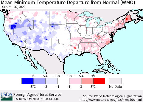 United States Mean Minimum Temperature Departure from Normal (WMO) Thematic Map For 10/24/2022 - 10/30/2022