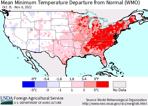 United States Mean Minimum Temperature Departure from Normal (WMO) Thematic Map For 10/31/2022 - 11/6/2022