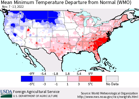United States Mean Minimum Temperature Departure from Normal (WMO) Thematic Map For 11/7/2022 - 11/13/2022