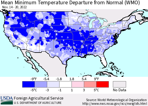 United States Mean Minimum Temperature Departure from Normal (WMO) Thematic Map For 11/14/2022 - 11/20/2022