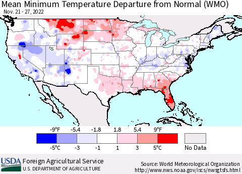 United States Mean Minimum Temperature Departure from Normal (WMO) Thematic Map For 11/21/2022 - 11/27/2022