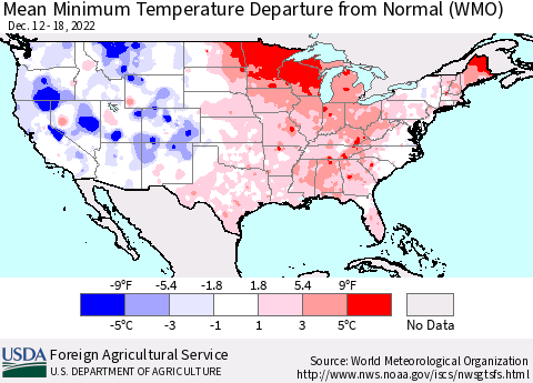 United States Mean Minimum Temperature Departure from Normal (WMO) Thematic Map For 12/12/2022 - 12/18/2022