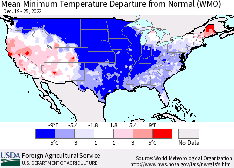 United States Mean Minimum Temperature Departure from Normal (WMO) Thematic Map For 12/19/2022 - 12/25/2022