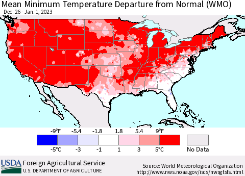 United States Mean Minimum Temperature Departure from Normal (WMO) Thematic Map For 12/26/2022 - 1/1/2023