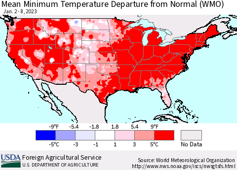 United States Mean Minimum Temperature Departure from Normal (WMO) Thematic Map For 1/2/2023 - 1/8/2023