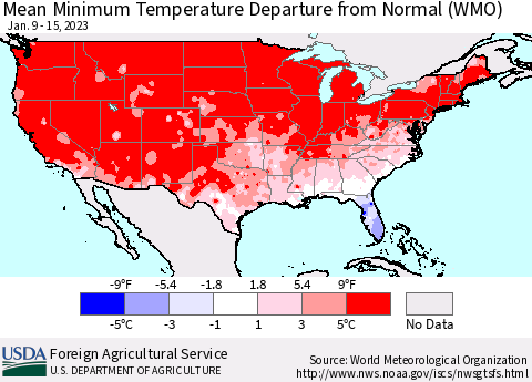 United States Mean Minimum Temperature Departure from Normal (WMO) Thematic Map For 1/9/2023 - 1/15/2023