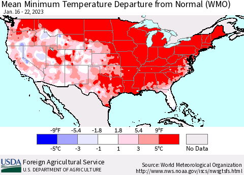 United States Mean Minimum Temperature Departure from Normal (WMO) Thematic Map For 1/16/2023 - 1/22/2023