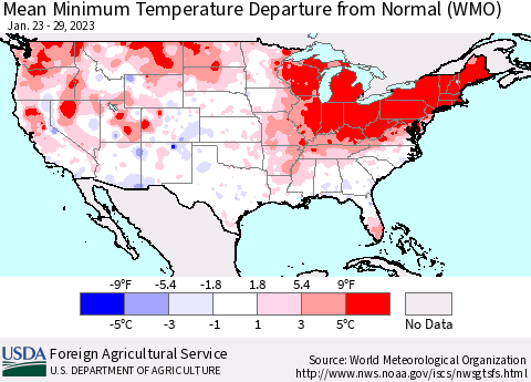 United States Mean Minimum Temperature Departure from Normal (WMO) Thematic Map For 1/23/2023 - 1/29/2023