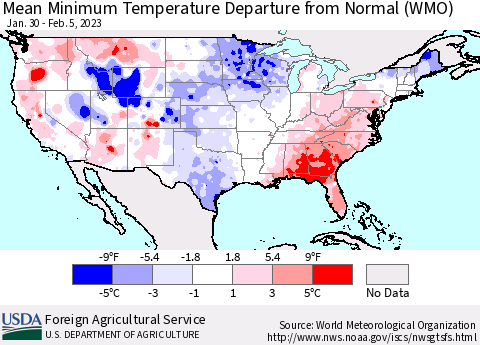United States Mean Minimum Temperature Departure from Normal (WMO) Thematic Map For 1/30/2023 - 2/5/2023