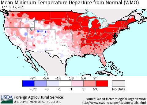 United States Mean Minimum Temperature Departure from Normal (WMO) Thematic Map For 2/6/2023 - 2/12/2023