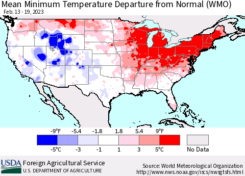 United States Mean Minimum Temperature Departure from Normal (WMO) Thematic Map For 2/13/2023 - 2/19/2023