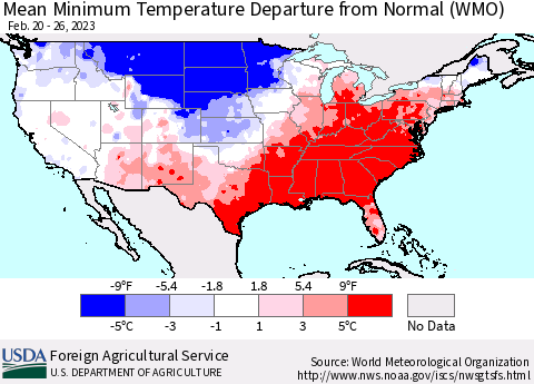 United States Mean Minimum Temperature Departure from Normal (WMO) Thematic Map For 2/20/2023 - 2/26/2023