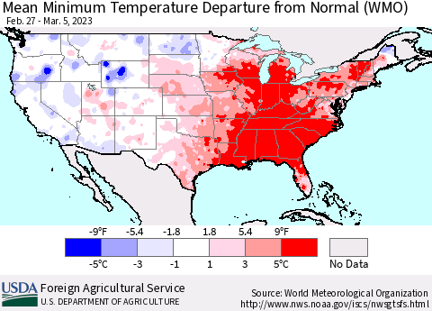 United States Mean Minimum Temperature Departure from Normal (WMO) Thematic Map For 2/27/2023 - 3/5/2023