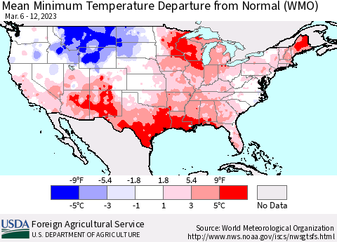 United States Mean Minimum Temperature Departure from Normal (WMO) Thematic Map For 3/6/2023 - 3/12/2023