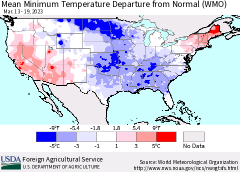 United States Mean Minimum Temperature Departure from Normal (WMO) Thematic Map For 3/13/2023 - 3/19/2023