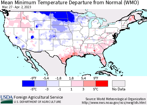 United States Mean Minimum Temperature Departure from Normal (WMO) Thematic Map For 3/27/2023 - 4/2/2023