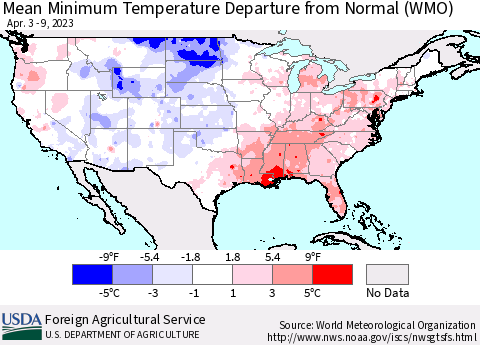 United States Mean Minimum Temperature Departure from Normal (WMO) Thematic Map For 4/3/2023 - 4/9/2023