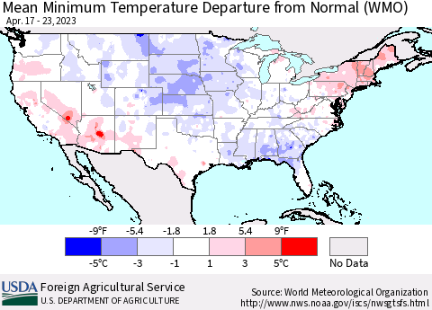 United States Mean Minimum Temperature Departure from Normal (WMO) Thematic Map For 4/17/2023 - 4/23/2023