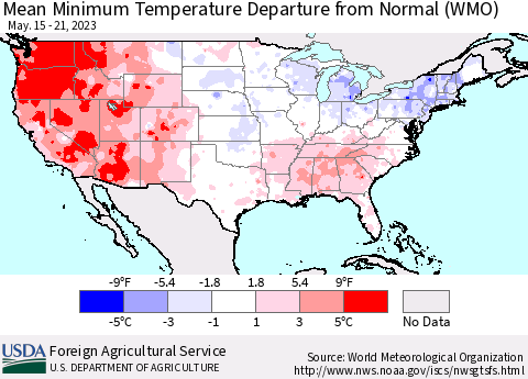 United States Mean Minimum Temperature Departure from Normal (WMO) Thematic Map For 5/15/2023 - 5/21/2023