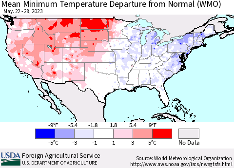 United States Mean Minimum Temperature Departure from Normal (WMO) Thematic Map For 5/22/2023 - 5/28/2023