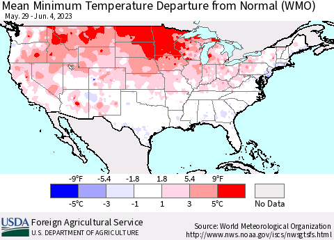United States Mean Minimum Temperature Departure from Normal (WMO) Thematic Map For 5/29/2023 - 6/4/2023