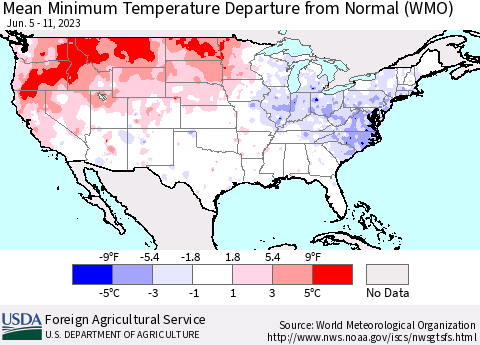 United States Mean Minimum Temperature Departure from Normal (WMO) Thematic Map For 6/5/2023 - 6/11/2023