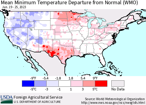 United States Mean Minimum Temperature Departure from Normal (WMO) Thematic Map For 6/19/2023 - 6/25/2023