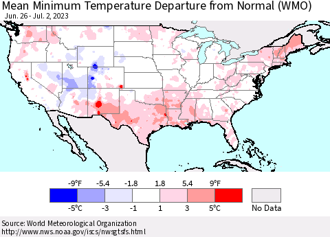 United States Mean Minimum Temperature Departure from Normal (WMO) Thematic Map For 6/26/2023 - 7/2/2023