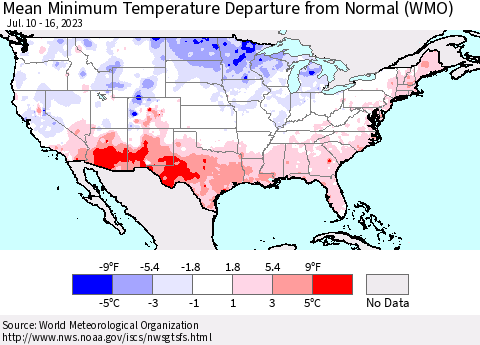 United States Mean Minimum Temperature Departure from Normal (WMO) Thematic Map For 7/10/2023 - 7/16/2023