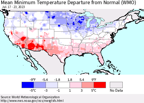 United States Mean Minimum Temperature Departure from Normal (WMO) Thematic Map For 7/17/2023 - 7/23/2023
