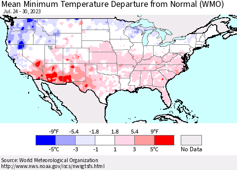 United States Mean Minimum Temperature Departure from Normal (WMO) Thematic Map For 7/24/2023 - 7/30/2023