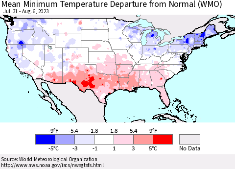 United States Mean Minimum Temperature Departure from Normal (WMO) Thematic Map For 7/31/2023 - 8/6/2023